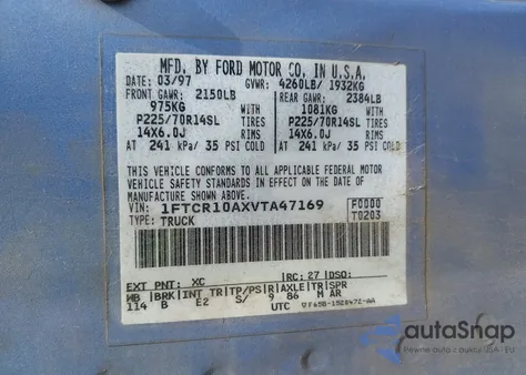 1997 Ford Ranger Splash/Xl/Xlt z USA, uszkodzony, nr VIN 1FTCR10AXVTA47169